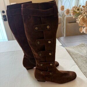 The Jackson Twins Brown Suede Button Strap Knee High Boots Women’s 38 Red Sole